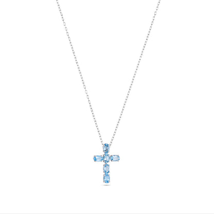 Classic Cross Silver Pendant - Green Onyx / Blue Topaz