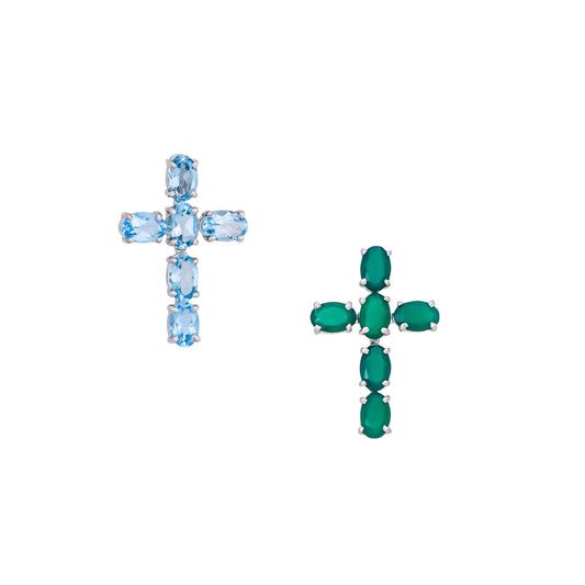 Classic Cross Silver Pendant - Green Onyx / Blue Topaz