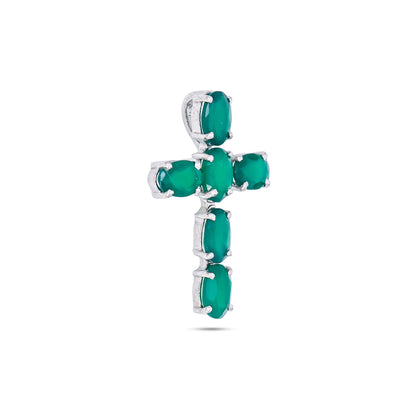 Classic Cross Silver Pendant - Green Onyx / Blue Topaz