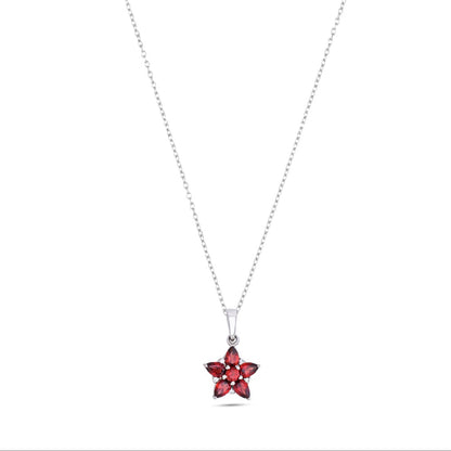 925 Sterling Silver Floral Pendant with Red Garnet / Blue Topaz & CZ Accents – Elegant Flower Design for Women