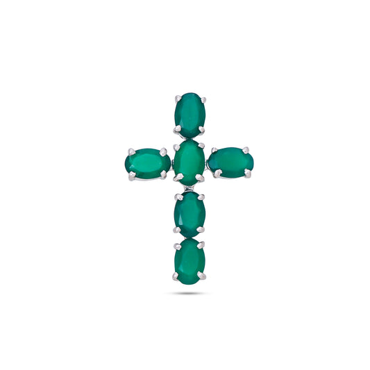 Classic Cross Silver Pendant - Green Onyx / Blue Topaz