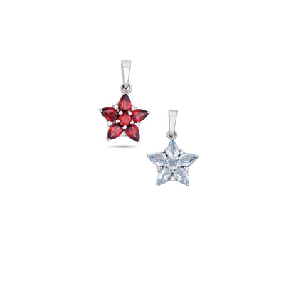 925 Sterling Silver Floral Pendant with Red Garnet / Blue Topaz & CZ Accents – Elegant Flower Design for Women