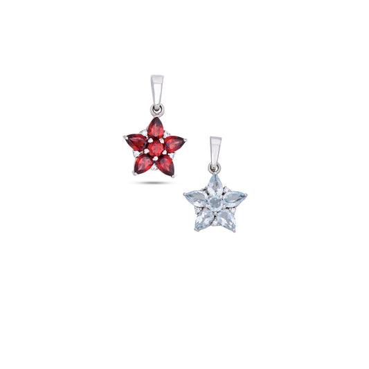 925 Sterling Silver Floral Pendant with Red Garnet / Blue Topaz & CZ Accents – Elegant Flower Design for Women