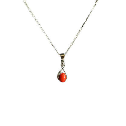 Elegant Silver Red Coral Pendant Necklace – Teardrop Design with Sparkling Accents