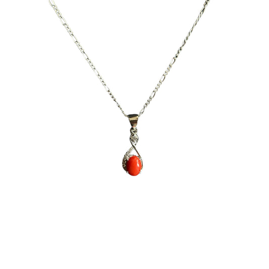 Elegant Silver Red Coral Pendant Necklace – Teardrop Design with Sparkling Accents