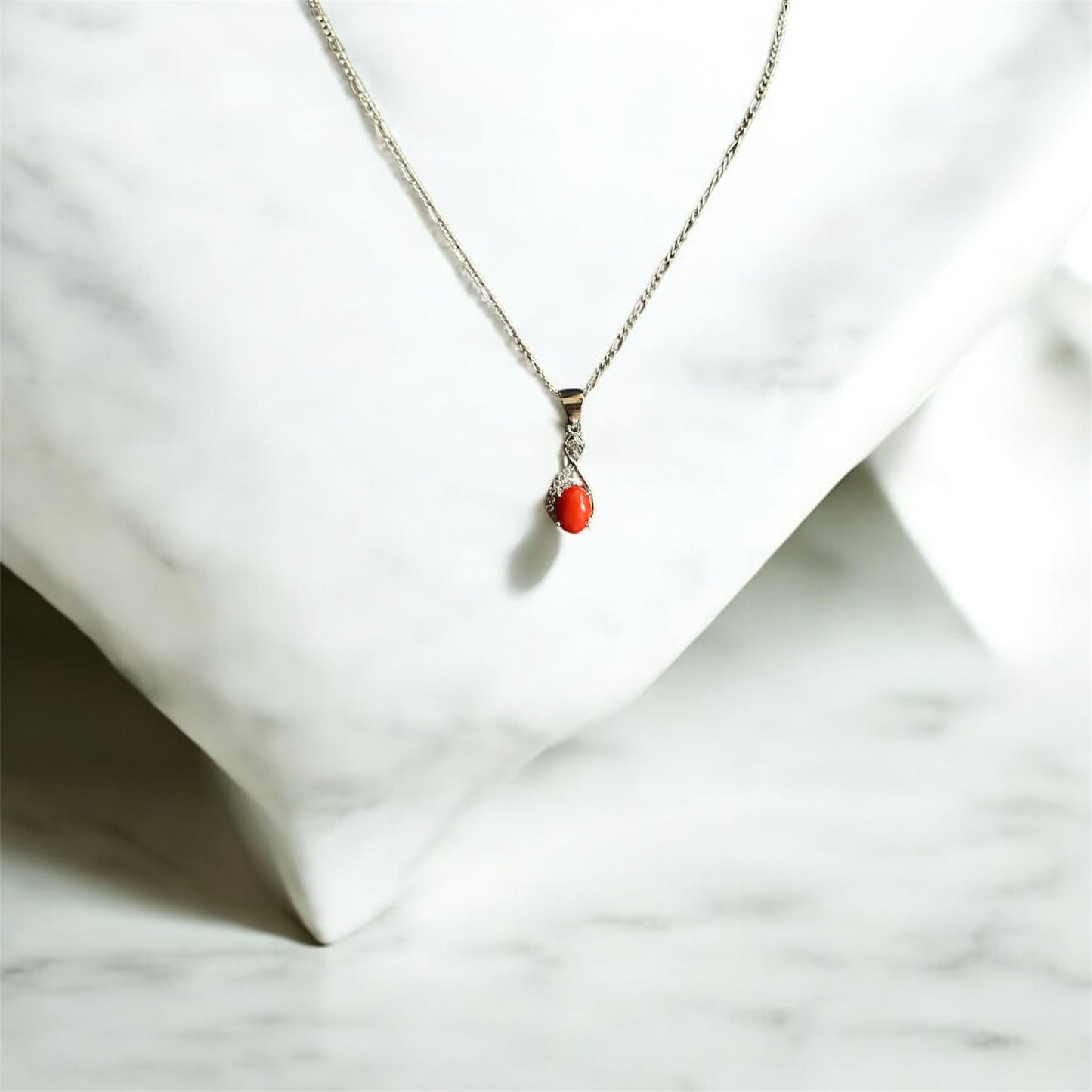 Elegant Silver Red Coral Pendant Necklace – Teardrop Design with Sparkling Accents