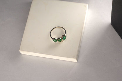 Sterling Silver Leaf Design Ring with Natural Round-Cut Green Emeralds – Nature-Inspired Adjustable Statement Ring for Women