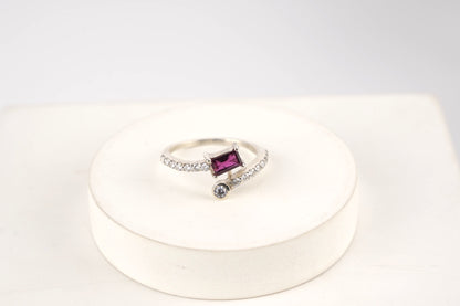 Sterling Silver Open Band Ring with Baguette-Cut Pink Tourmaline & CZ Accents – Adjustable Statement or Promise Ring for Women