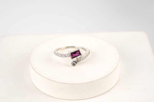Sterling Silver Open Band Ring with Baguette-Cut Pink Tourmaline & CZ Accents – Adjustable Statement or Promise Ring for Women