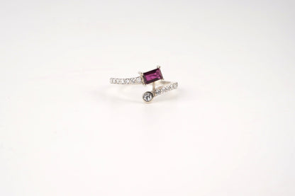 Sterling Silver Open Band Ring with Baguette-Cut Pink Tourmaline & CZ Accents – Adjustable Statement or Promise Ring for Women
