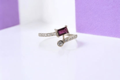 Sterling Silver Open Band Ring with Baguette-Cut Pink Tourmaline & CZ Accents – Adjustable Statement or Promise Ring for Women
