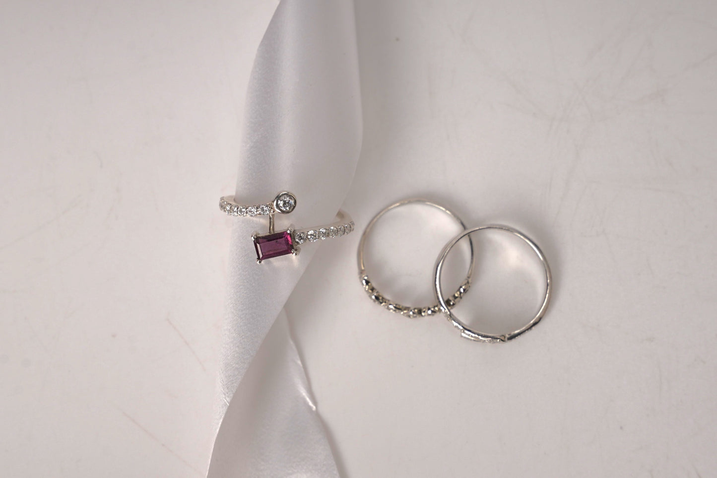 Sterling Silver Open Band Ring with Baguette-Cut Pink Tourmaline & CZ Accents – Adjustable Statement or Promise Ring for Women