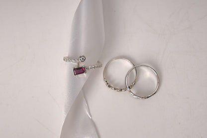 Sterling Silver Open Band Ring with Baguette-Cut Pink Tourmaline & CZ Accents – Adjustable Statement or Promise Ring for Women