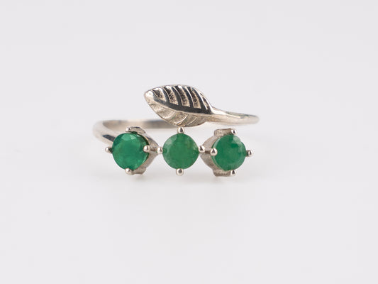 Sterling Silver Leaf Design Ring with Natural Round-Cut Green Emeralds – Nature-Inspired Adjustable Statement Ring for Women