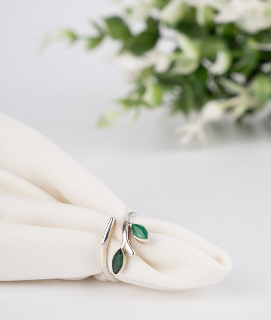 Sterling Silver Leaf Wrap Ring with Marquise-Cut Green Emeralds – Adjustable Nature-Inspired Open Band Ring for Women