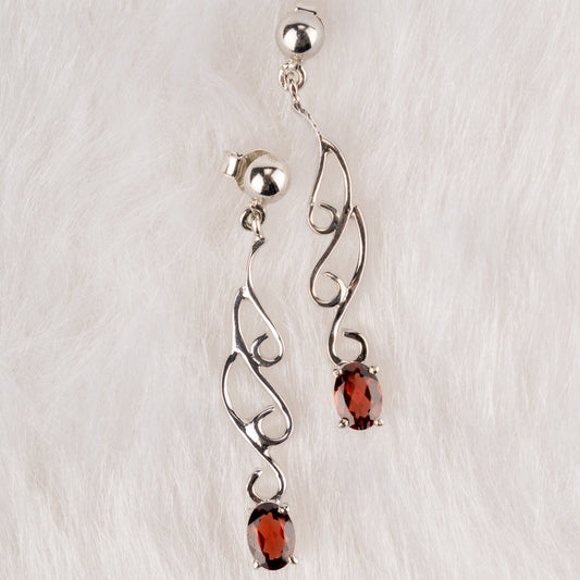 Elegant Swirl Drop Earrings with Garnet Gemstones