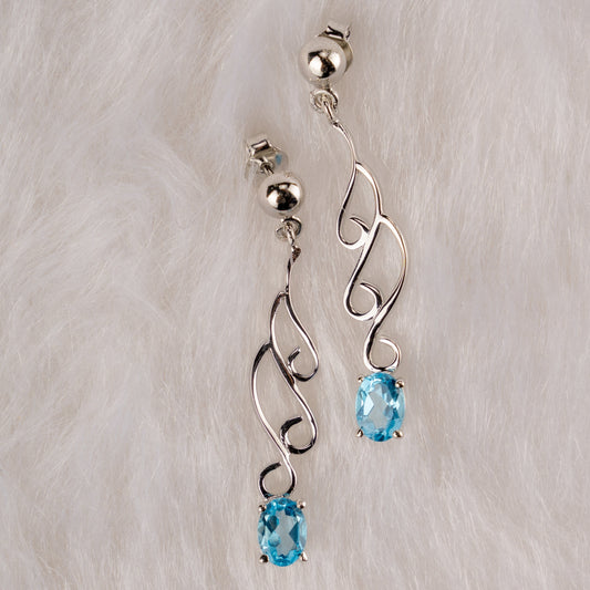 Elegant Swirl Drop Earrings with Blue Topaz Gemstones