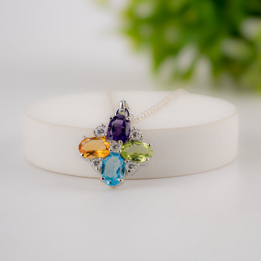 Multigemstone Floral Pendant in Sterling Silver – Amethyst, Citrine, Peridot & Blue Topaz