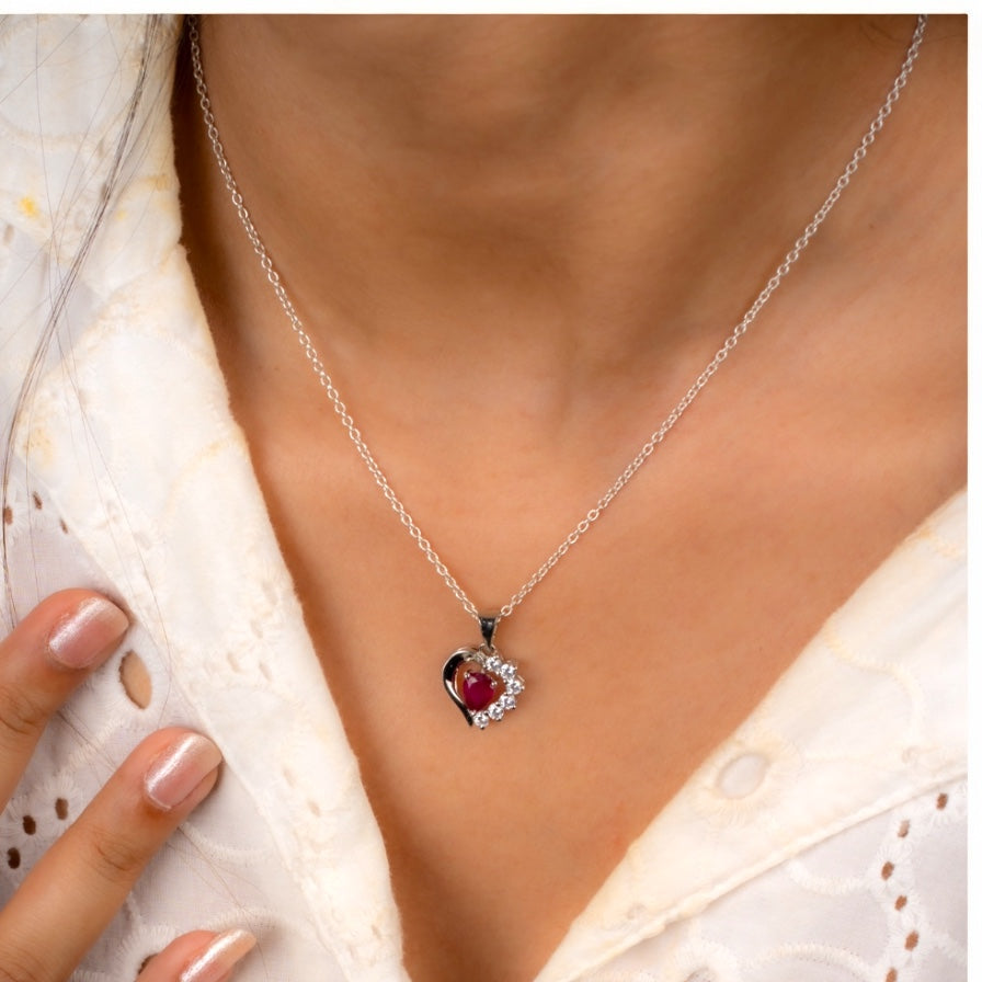 Elegant Heart-Shaped Ruby & Zircon Pendant Necklace