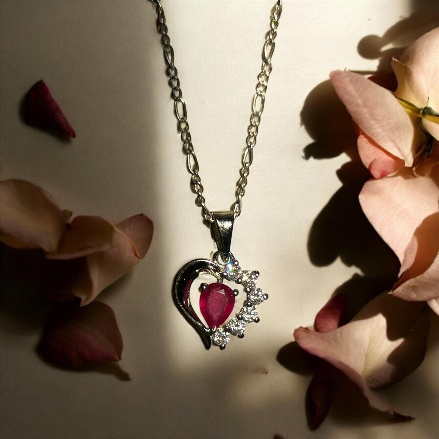 Elegant Heart-Shaped Ruby & Zircon Pendant Necklace