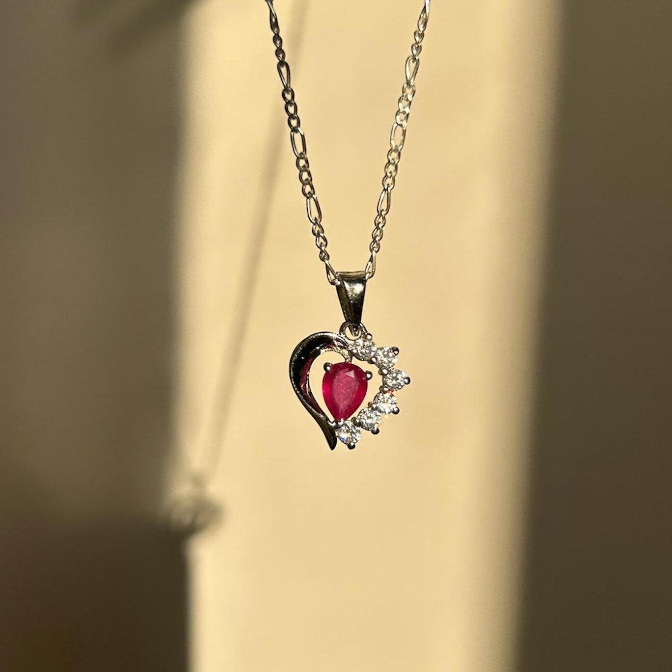 Elegant Heart-Shaped Ruby & Zircon Pendant Necklace