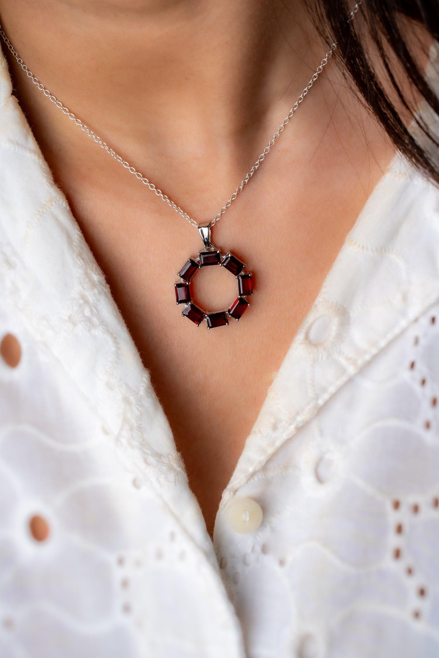 Sterling Silver Garnet / Topaz Circle Pendant Necklace