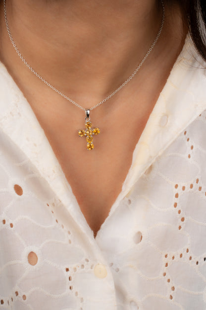 Sterling Silver Cross Pendant with Natural Citrine / Garnet / Peridot Gemstones