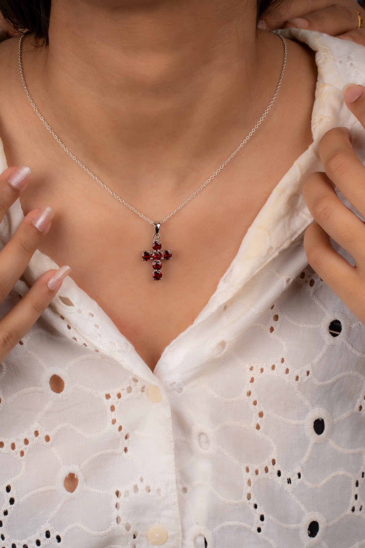 Sterling Silver Cross Pendant with Natural Citrine / Garnet / Peridot Gemstones