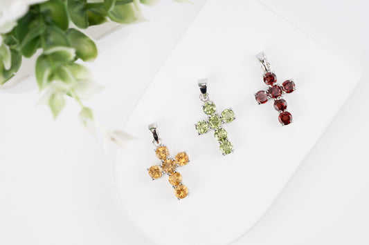 Sterling Silver Cross Pendant with Natural Citrine / Garnet / Peridot Gemstones