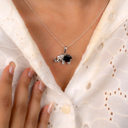 Sterling Silver Elephant Pendant with Amethyst / Black Onyx Gemstone – Lucky Charm Necklace