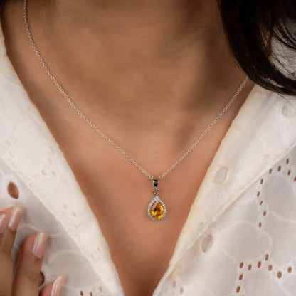 Sterling Silver Pear-Shaped Citrine Pendant Necklace with CZ Halo – Birthstone Jewelry Gift for Her