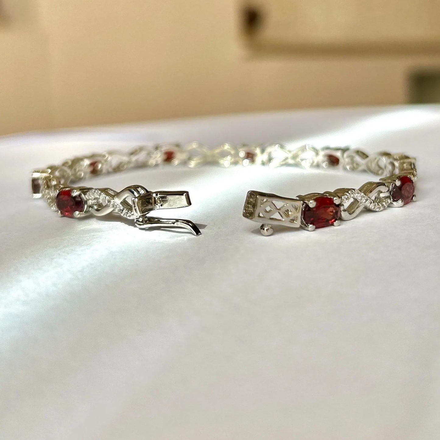 Silver Garnet & Cubic Zirconia Infinity Link Bracelet