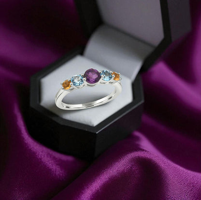 Sterling Silver 5 Birthstone Ring – Personalized Family Gemstone Band, Custom Mother’s Jewelry Gift