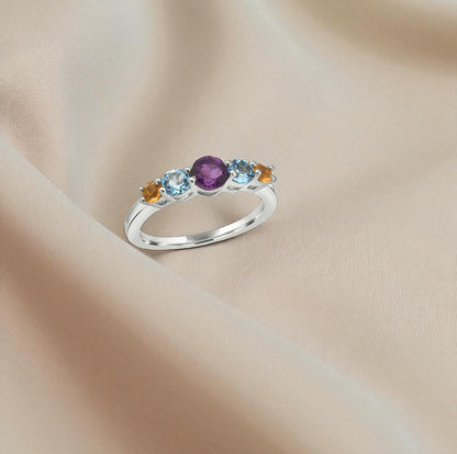Sterling Silver 5 Birthstone Ring – Personalized Family Gemstone Band, Custom Mother’s Jewelry Gift