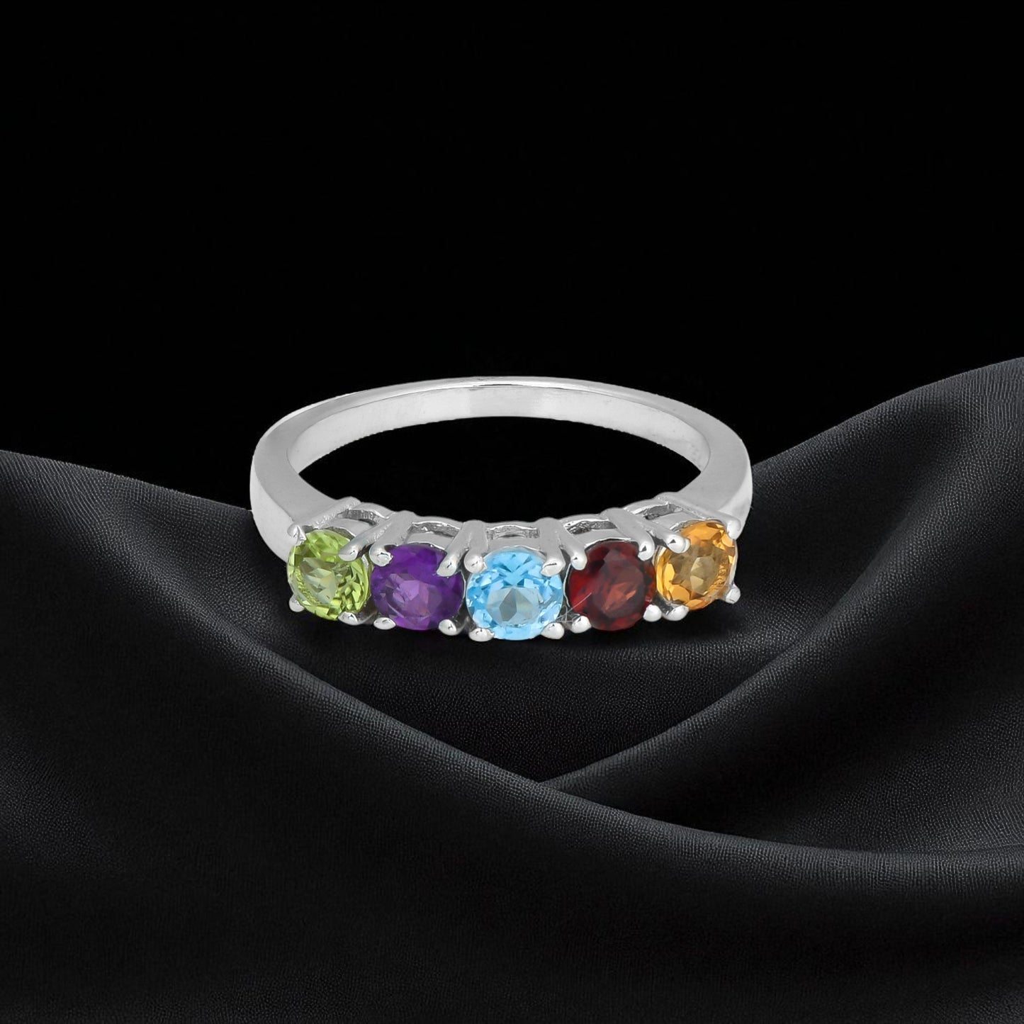 Sterling Silver Five Birthstone Ring – Personalized Family Gemstone Band, Custom Mother’s Jewelry Gift for Women