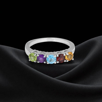 Sterling Silver Five Birthstone Ring – Personalized Family Gemstone Band, Custom Mother’s Jewelry Gift for Women