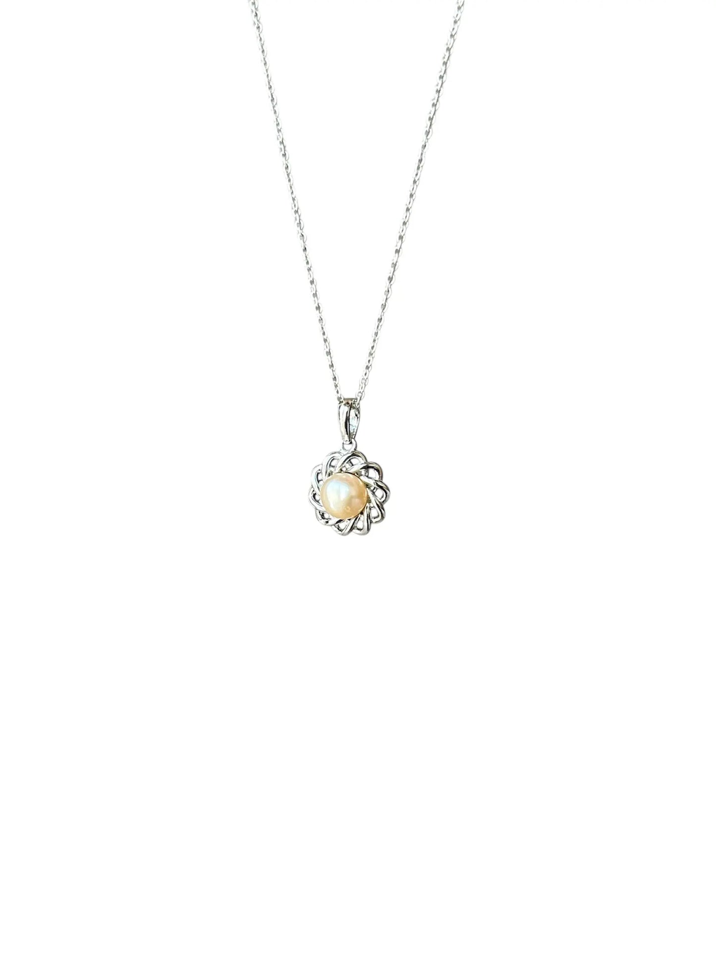 Golden Pearl Pendant Necklace in Sterling Silver – Elegant Spiral Floral Design
