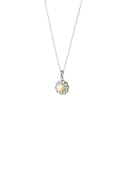 Golden Pearl Pendant Necklace in Sterling Silver – Elegant Spiral Floral Design