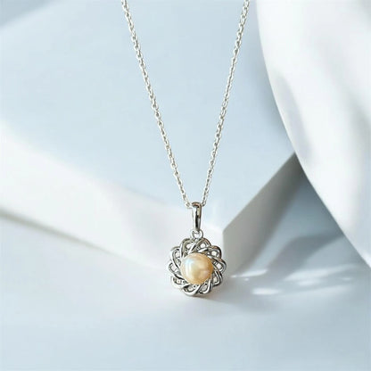 Golden Pearl Pendant Necklace in Sterling Silver – Elegant Spiral Floral Design