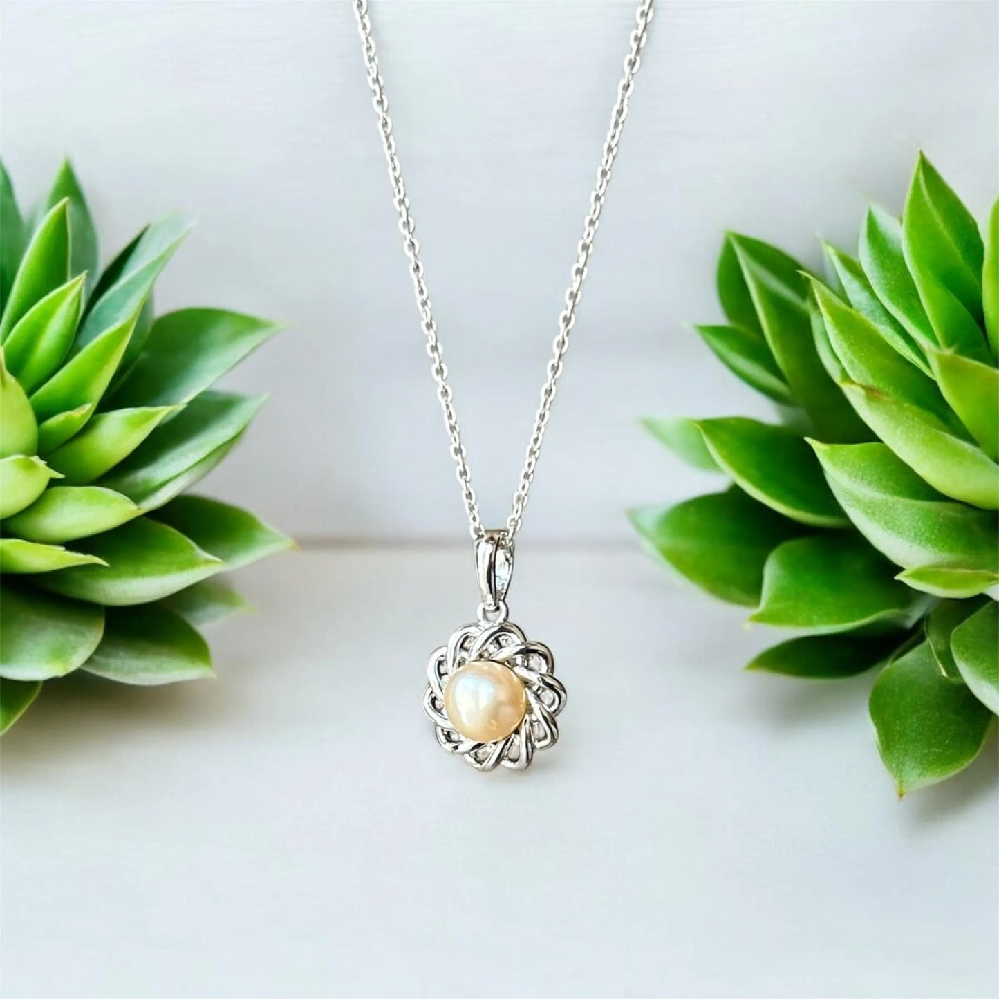 Golden Pearl Pendant Necklace in Sterling Silver – Elegant Spiral Floral Design