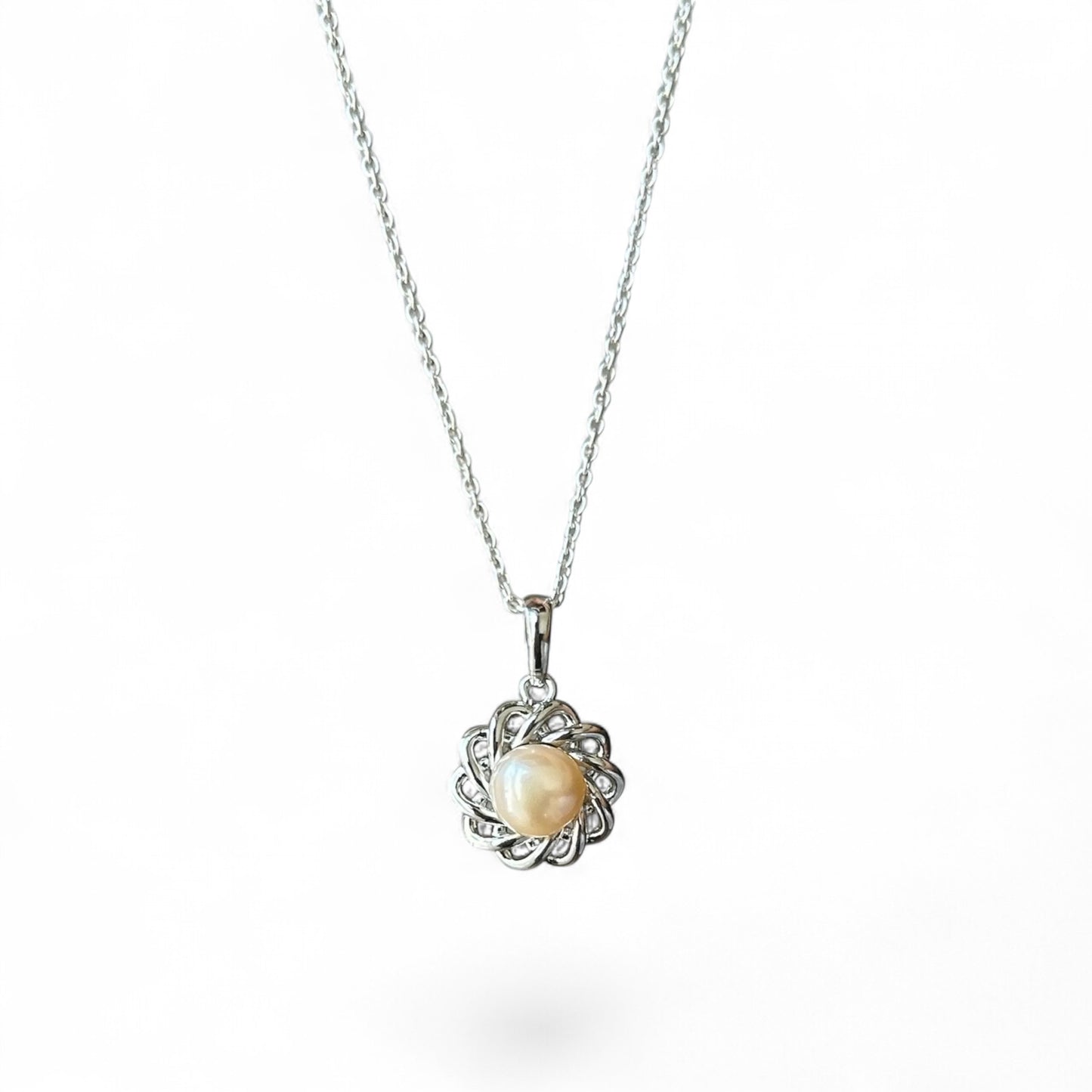 Golden Pearl Pendant Necklace in Sterling Silver – Elegant Spiral Floral Design
