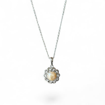 Golden Pearl Pendant Necklace in Sterling Silver – Elegant Spiral Floral Design
