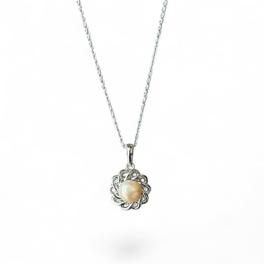 Golden Pearl Pendant Necklace in Sterling Silver – Elegant Spiral Floral Design