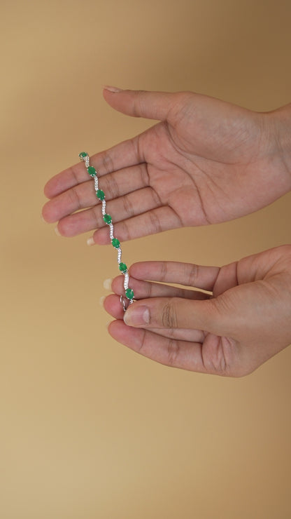 Elegant Silver Bracelet with Oval Green Onyx and Cubic Zirconia Accents