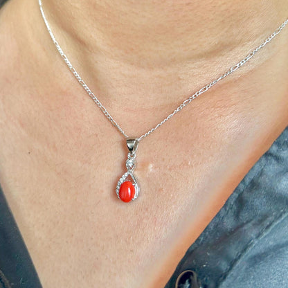 Elegant Silver Red Coral Pendant Necklace – Teardrop Design with Sparkling Accents