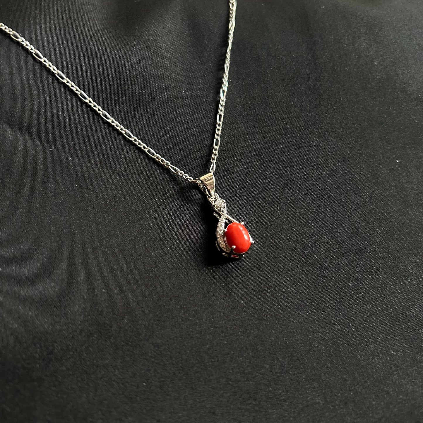 Elegant Silver Red Coral Pendant Necklace – Teardrop Design with Sparkling Accents