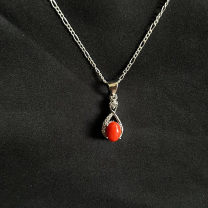 Elegant Silver Red Coral Pendant Necklace – Teardrop Design with Sparkling Accents