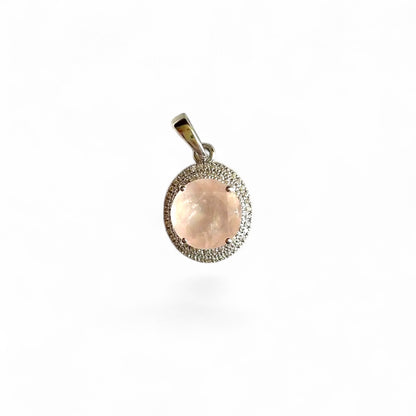Rose Quartz Pendant Necklace in Sterling Silver – Round Cut with Vintage Halo Design