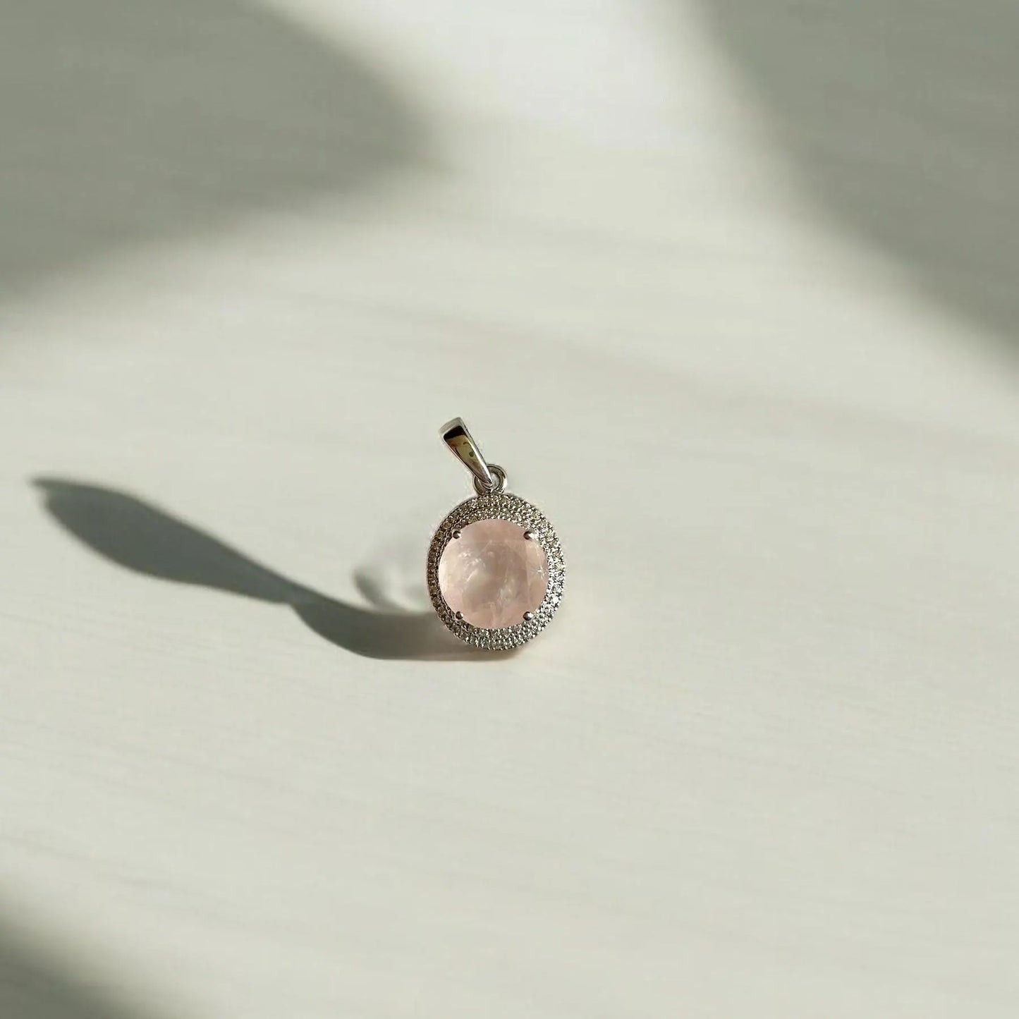 Rose Quartz Pendant Necklace in Sterling Silver – Round Cut with Vintage Halo Design