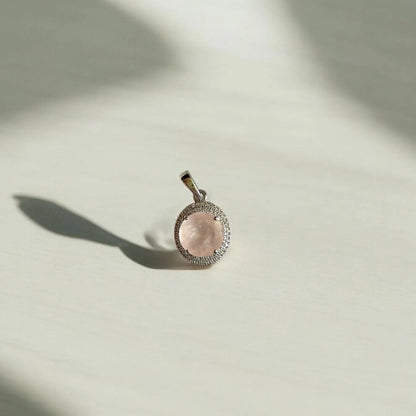 Rose Quartz Pendant Necklace in Sterling Silver – Round Cut with Vintage Halo Design